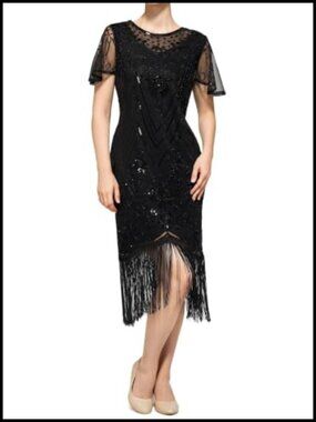 1920s Fringe Sequin Flapper Dress Short Sleeve Sheath Prom Party